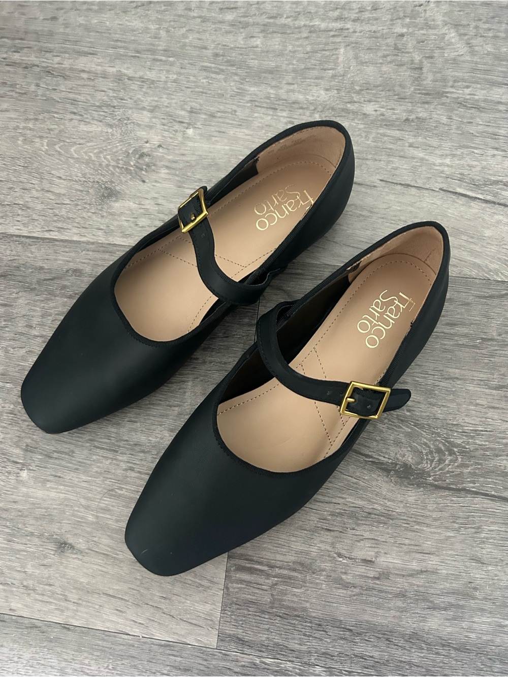 Franco Sarto Black Mary Jane Flats with Gold Buckle Strap